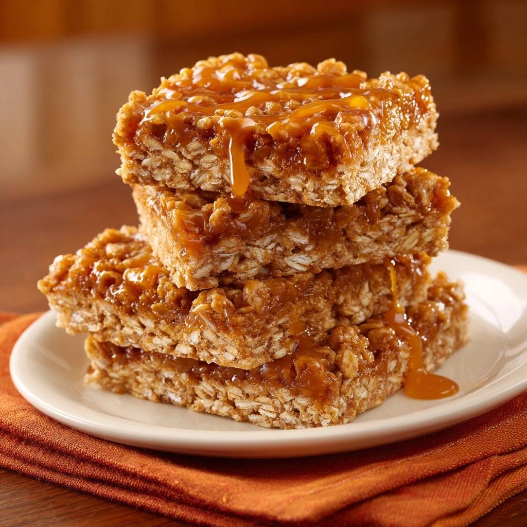 Caramel oat bars stacked high on a plate, drizzled with a rich, glossy caramel glaze.
