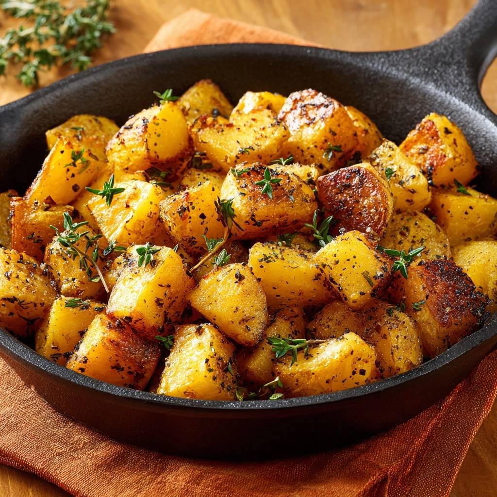 Crispy cast iron potatoes garnished with fresh thyme and herbs in a black skillet.