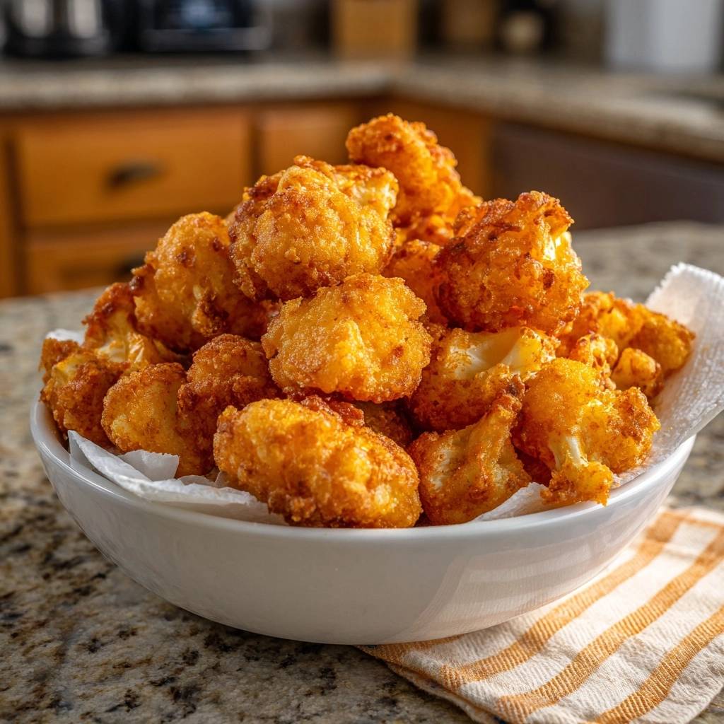 Crispy cauliflower nuggets piled high in a white bowl, showcasing their golden-brown coating.