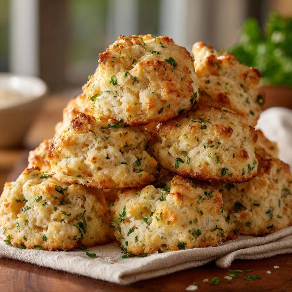 Cheddar herb biscuits stacked in a rustic pile, showcasing their golden-brown tops and visible parsley flecks.