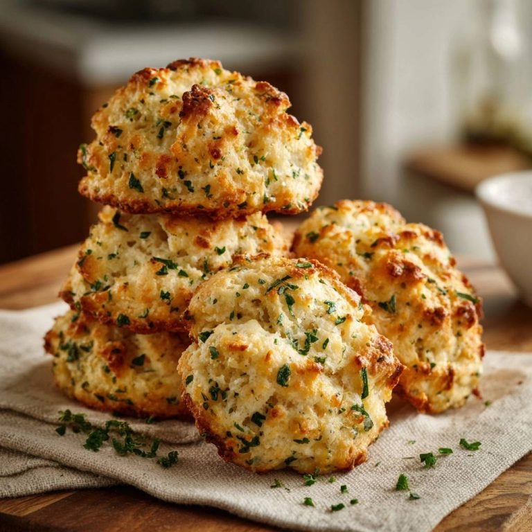 Cheddar herb biscuits stacked on a napkin, showing their golden-brown tops and flecks of fresh herbs.