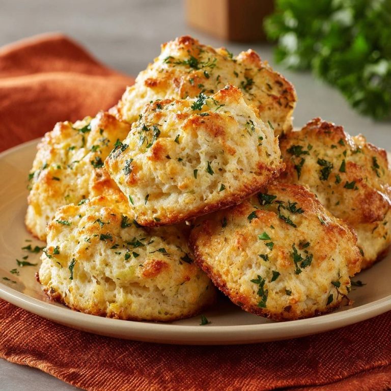 Cheddar parsley biscuits are piled high on a plate, sprinkled with fresh herbs, showcasing their golden-brown tops.