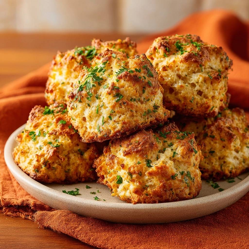Cheddar parsley biscuits stacked on a plate, garnished with fresh parsley, showing a fluffy texture.
