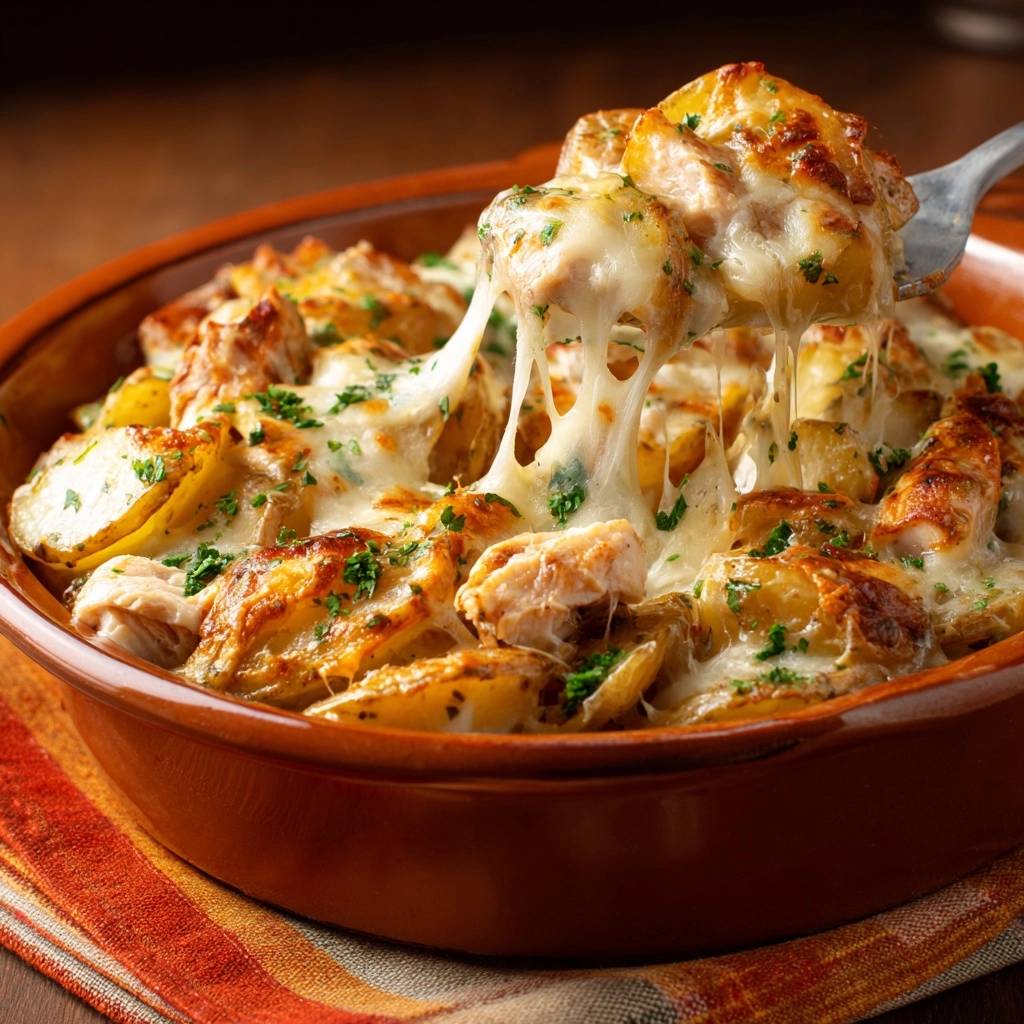 Cheesy au gratin potatoes with a fork lifting a serving, showing a long cheese pull.