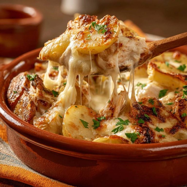 Cheesy au gratin potatoes seen with a wooden spoon lifting a portion, showcasing a dramatic cheese pull.