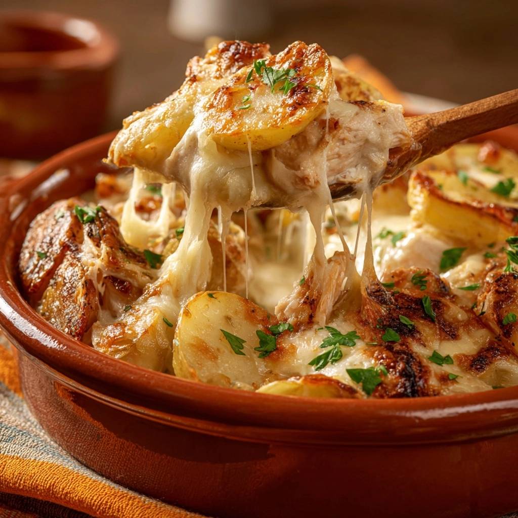Cheesy au gratin potatoes seen with a wooden spoon lifting a portion, showcasing a dramatic cheese pull.