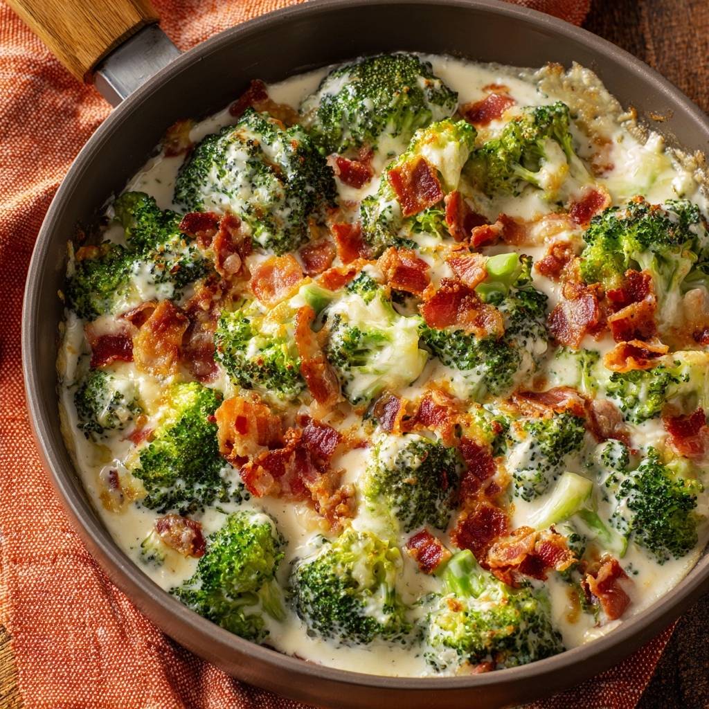Cheesy bacon broccoli casserole with a creamy sauce and crumbled bacon topping, shown in a skillet.