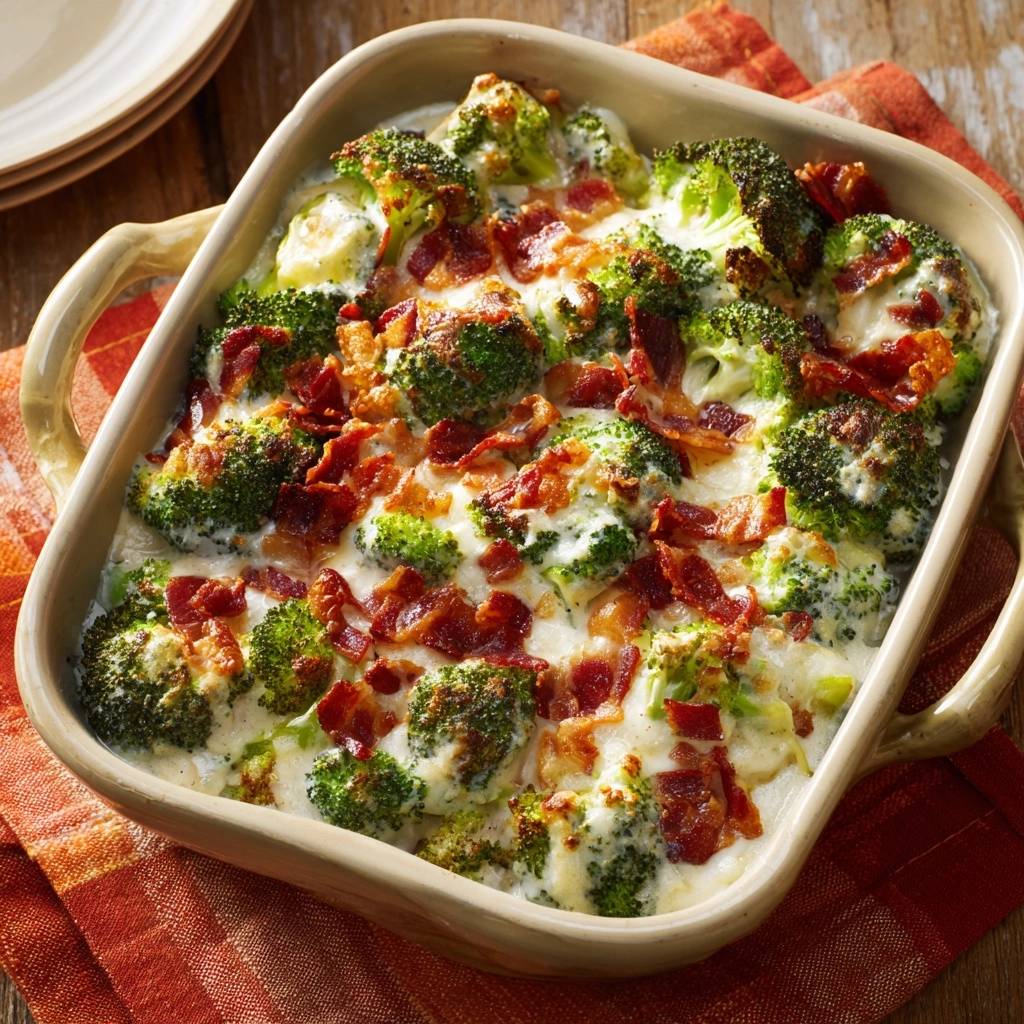 Cheesy bacon broccoli casserole shown in a baking dish with a top view, highlighting the golden-brown bacon and creamy sauce.