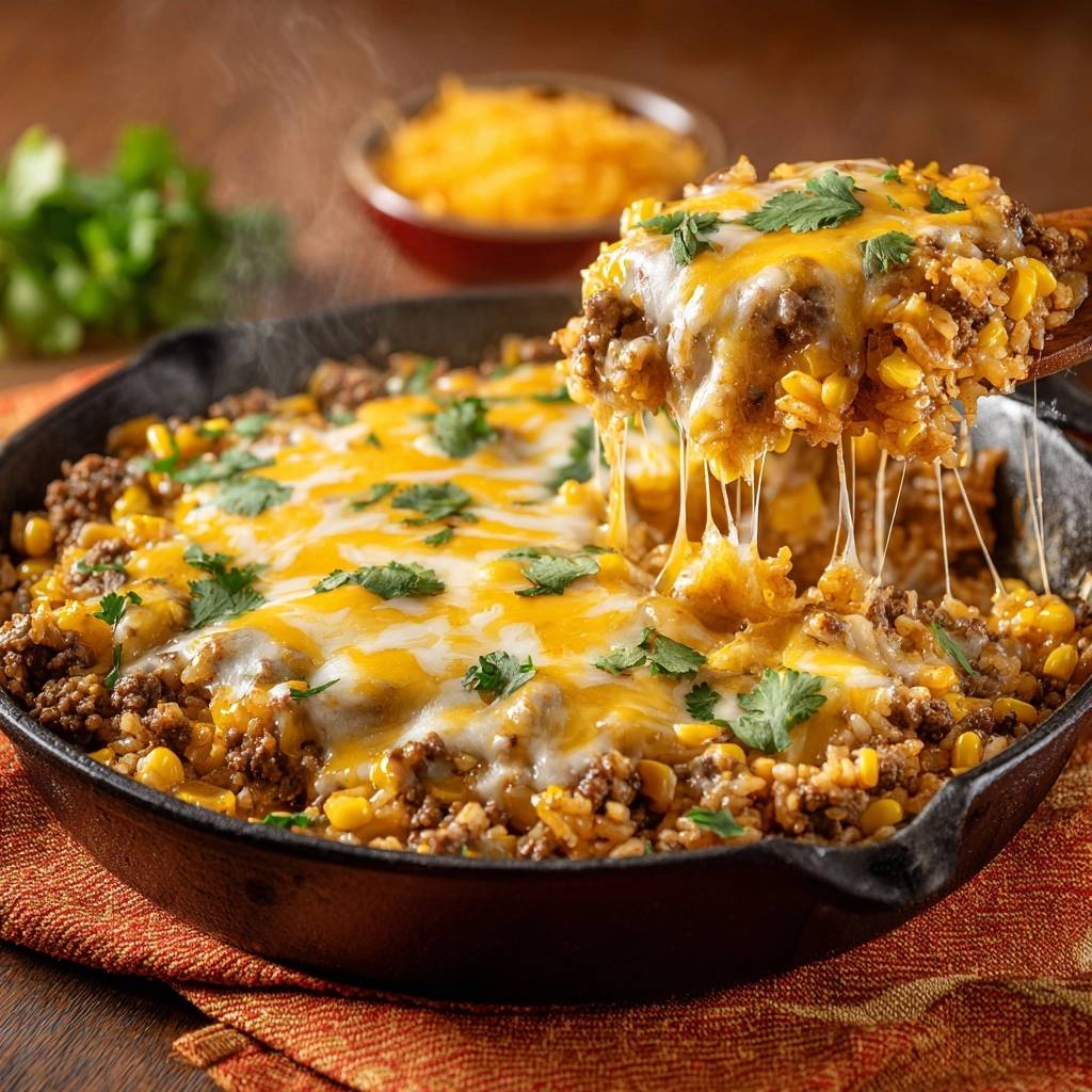 Cheesy beef corn rice skillet with a gooey cheese pull being lifted from the cast iron pan.