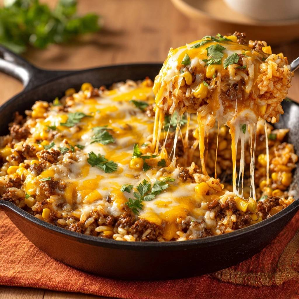 Cheesy beef corn rice skillet with melted cheese stretching upwards from a serving spoon.