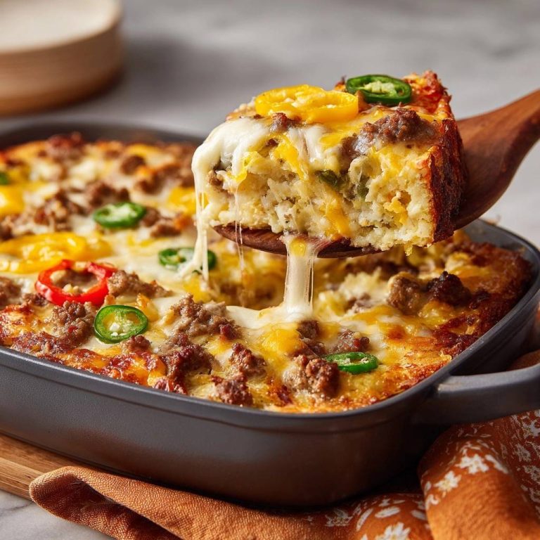 Cheesy beef jalapeño cornbread recipe, a slice being lifted with melted cheese dripping.