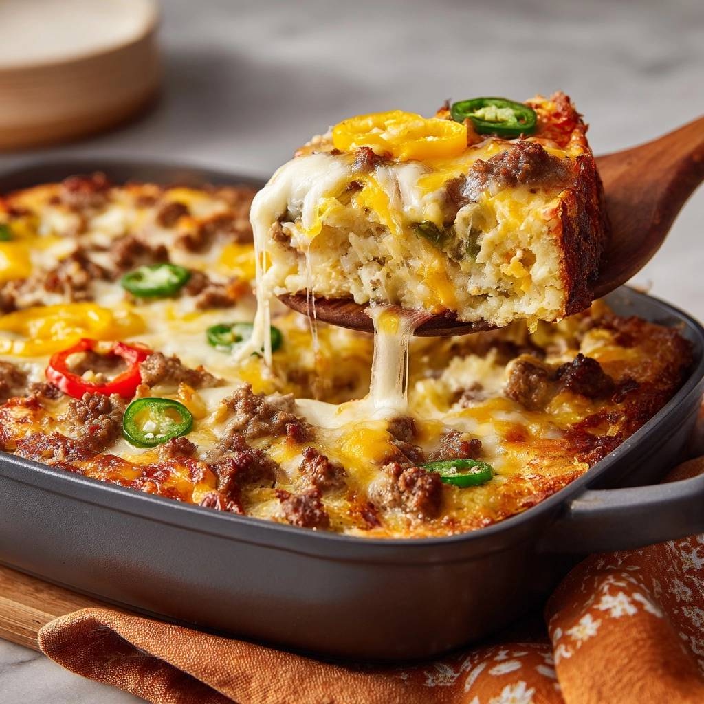 Cheesy beef jalapeño cornbread recipe, a slice being lifted with melted cheese dripping.
