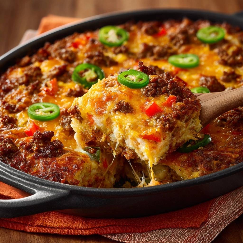 Cheesy beef jalapeño cornbread recipe with a slice being lifted to show the cheesy, layered interior.