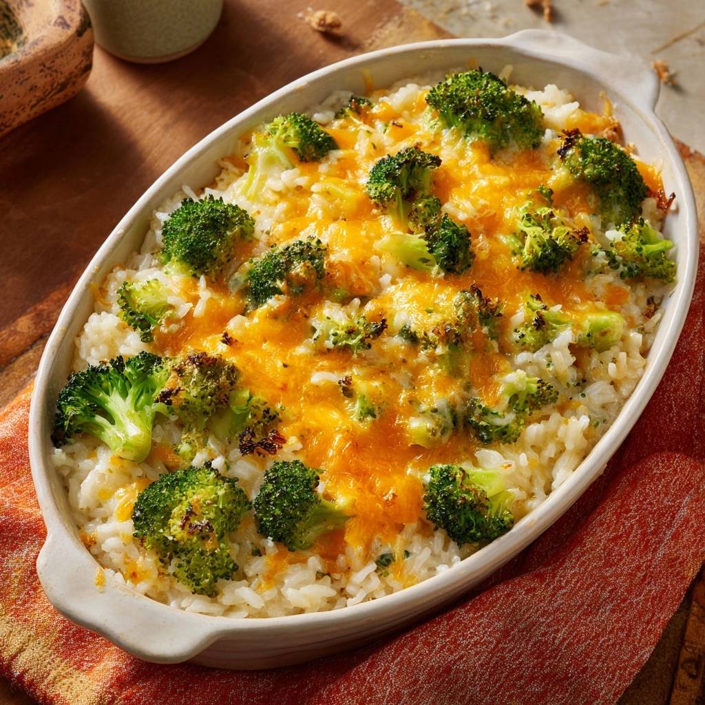 Cheesy broccoli rice casserole shown in a baking dish with golden melted cheddar cheese and tender broccoli florets.