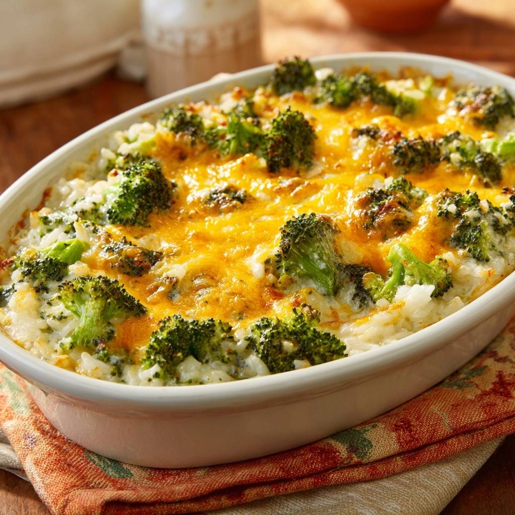 Cheesy broccoli rice casserole topped with melted golden cheddar cheese and fresh broccoli florets.
