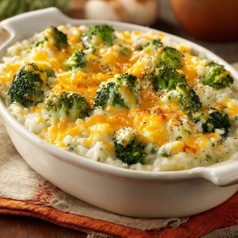 Cheesy broccoli rice casserole with a golden melted cheddar cheese topping in a white baking dish.