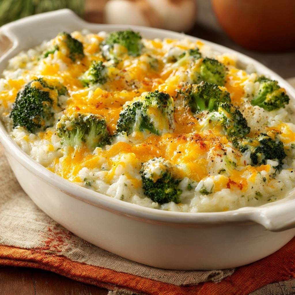 Cheesy broccoli rice casserole with a golden melted cheddar cheese topping in a white baking dish.