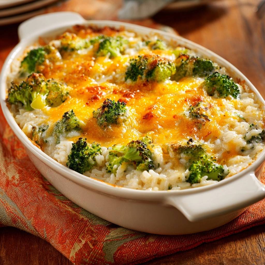 Cheesy broccoli rice casserole with a golden melted cheese topping in a white baking dish.