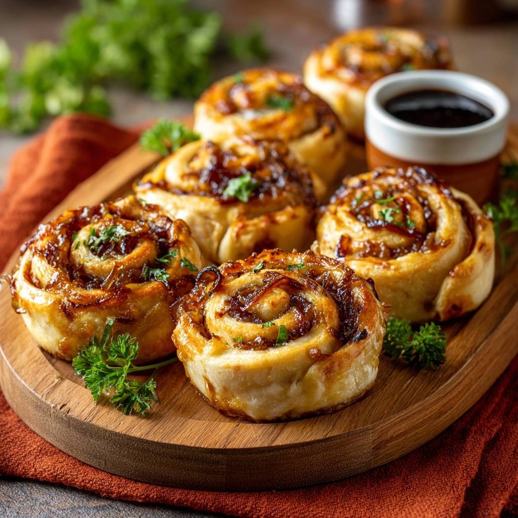 Cheesy caramelized onion puff rolls served on a wooden board with a side of dipping sauce and garnished with parsley.