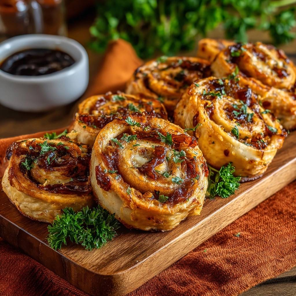 Cheesy Caramelized Onion Puff Rolls served on a wooden board, generously garnished with fresh parsley.