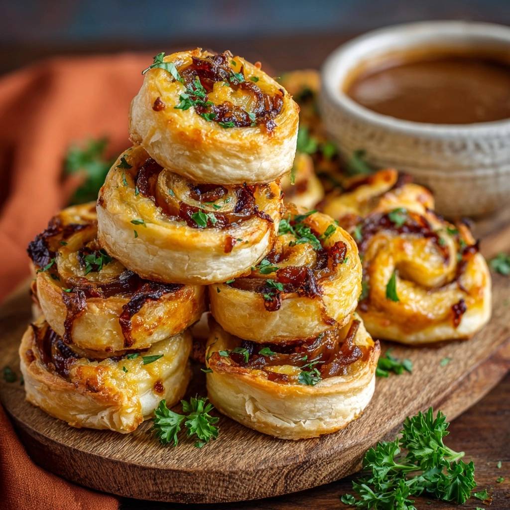 Cheesy caramelized onion puffs displayed in a tempting stack, showcasing their golden-brown flaky pastry and savory filling.