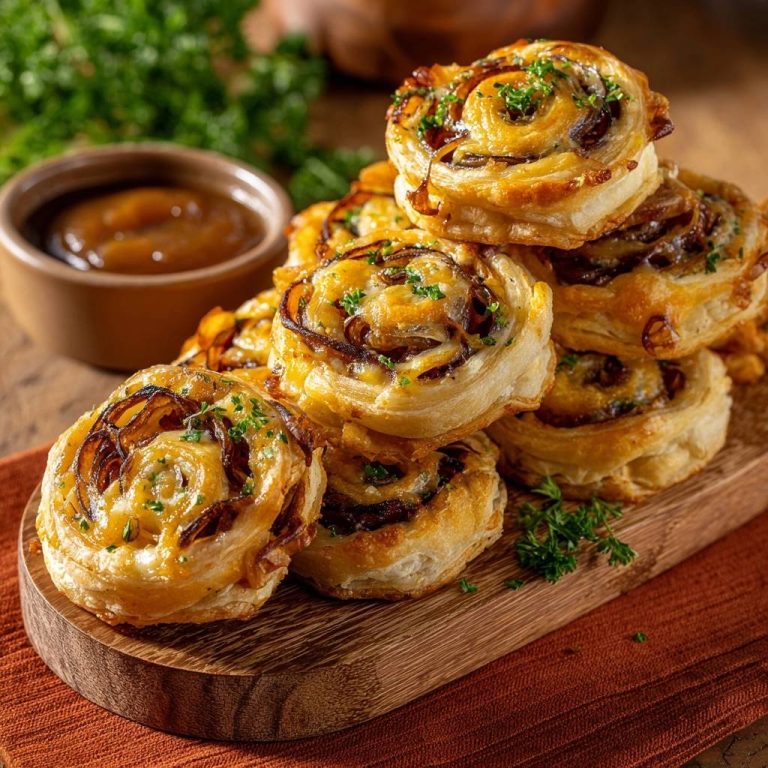 Cheesy caramelized onion puffs stacked on a wooden board with a side of dipping sauce and fresh parsley garnish.