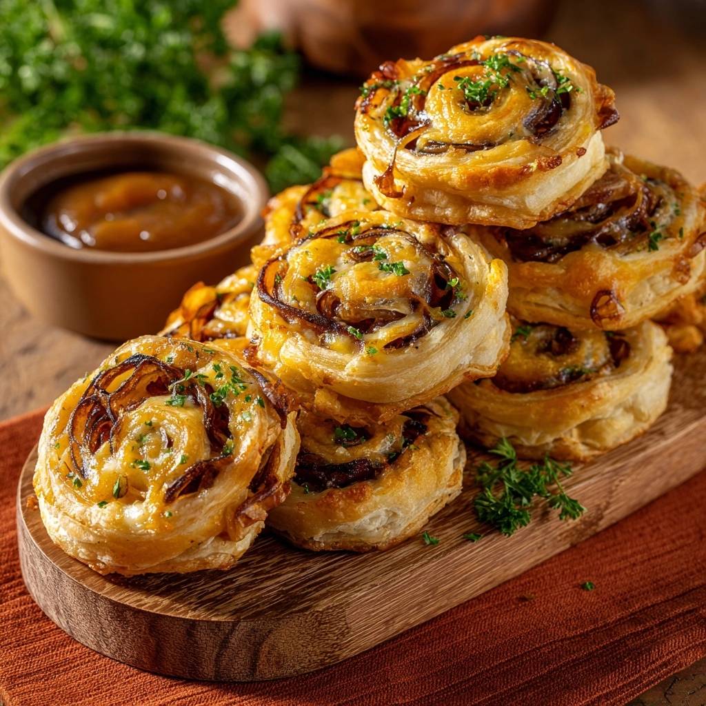 Cheesy caramelized onion puffs stacked on a wooden board with a side of dipping sauce and fresh parsley garnish.