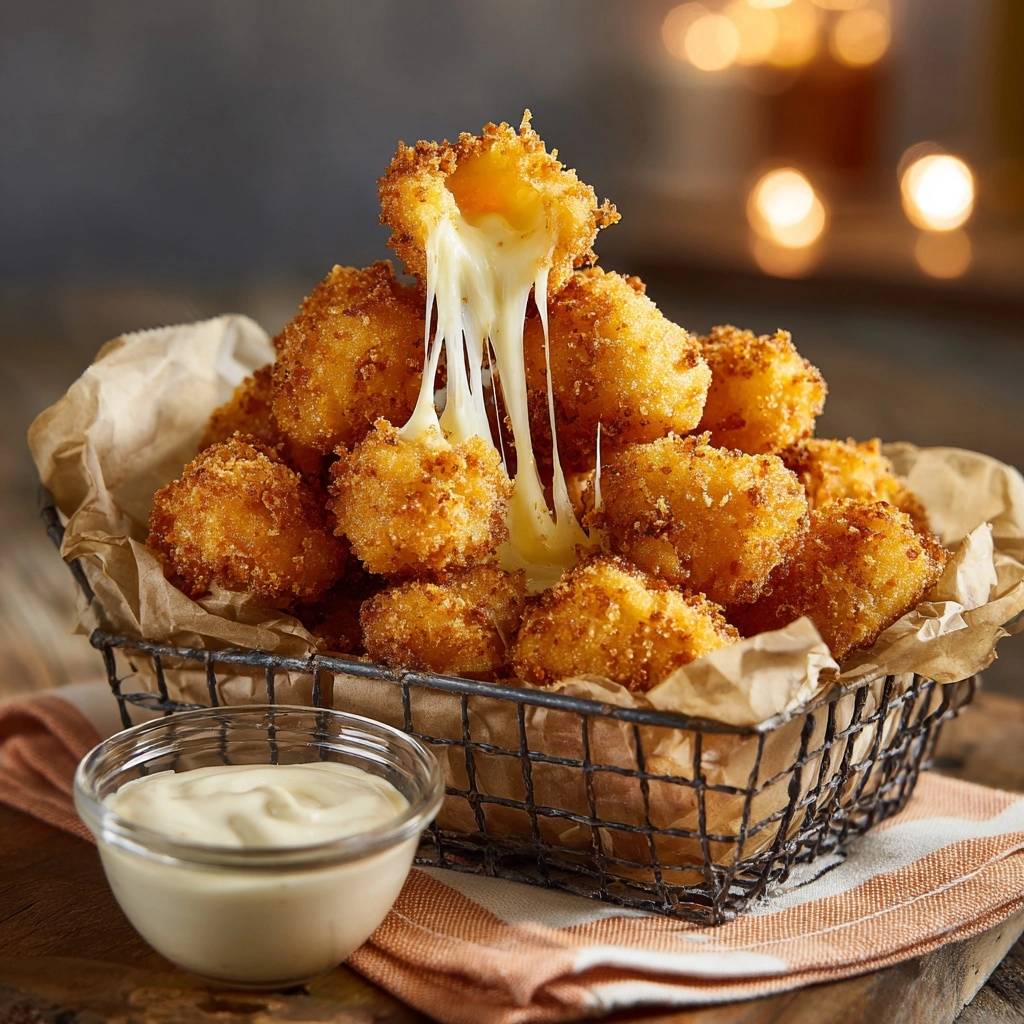 Crispy cheesy cauliflower nuggets with a dramatic cheese pull, served in a wire basket with dipping sauce.