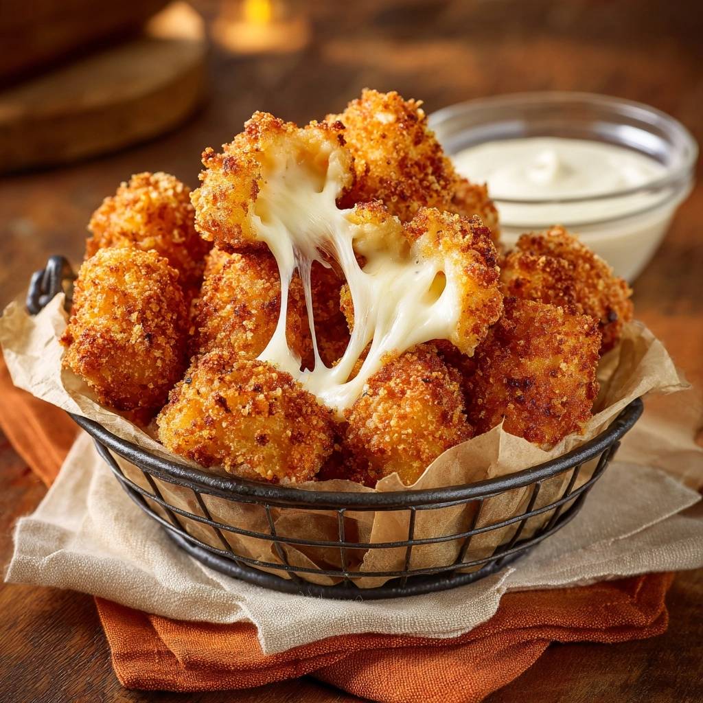 Crispy cheesy cauliflower nuggets with a gooey cheese pull, served in a basket with dipping sauce.