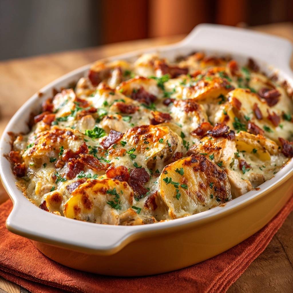 Cheesy chicken bacon potato casserole close-up, showing melted cheese, crispy bacon, and fresh parsley garnish.