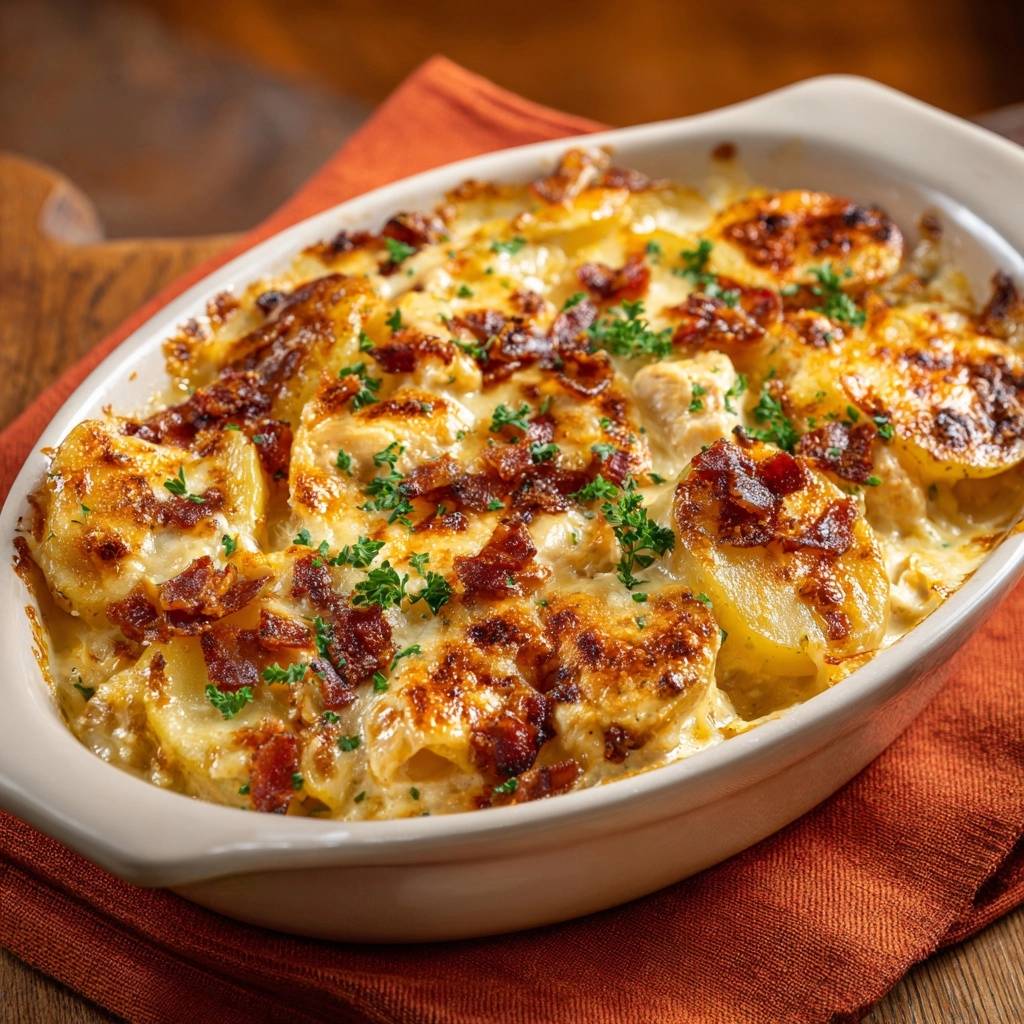 Cheesy chicken bacon potato casserole recipe shown in a close-up view from the top, highlighting the baked potatoes, bacon, and parsley garnish.