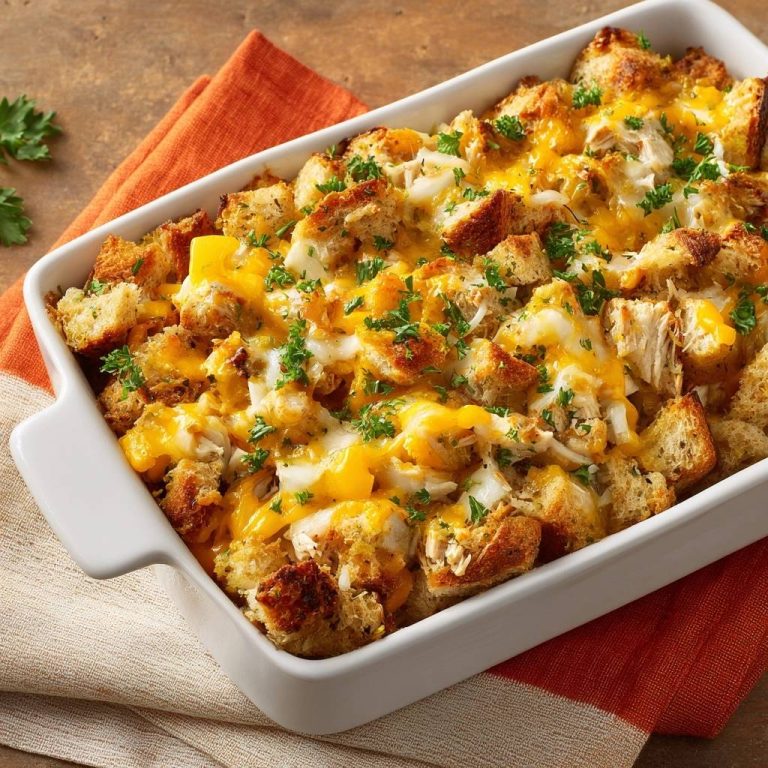 Cheesy chicken bread casserole with a golden baked top, garnished with fresh parsley.