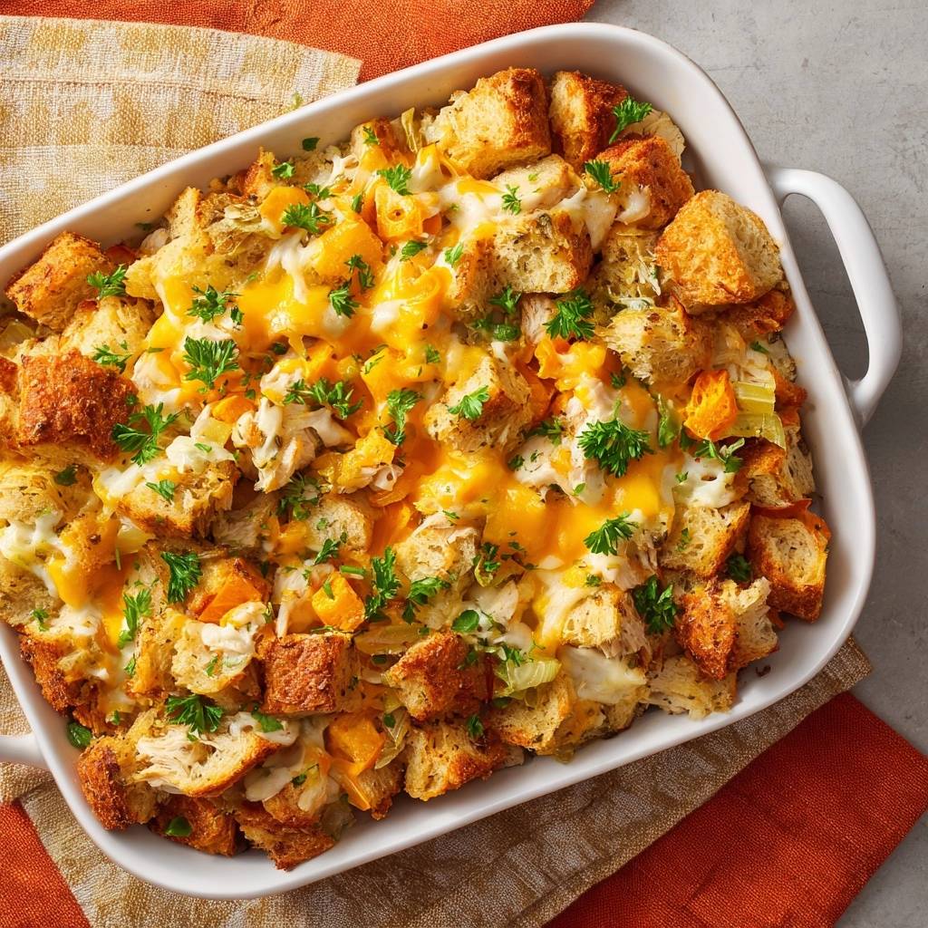 Cheesy chicken bread casserole with golden melted cheese and fresh parsley, shown from a top-down perspective.
