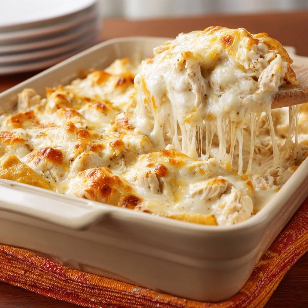 Cheesy chicken casserole with a generous gooey cheese pull being lifted from the baking dish.