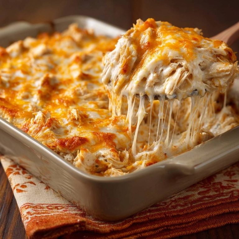 Cheesy chicken casserole with a gooey cheese pull being served from a baking dish.