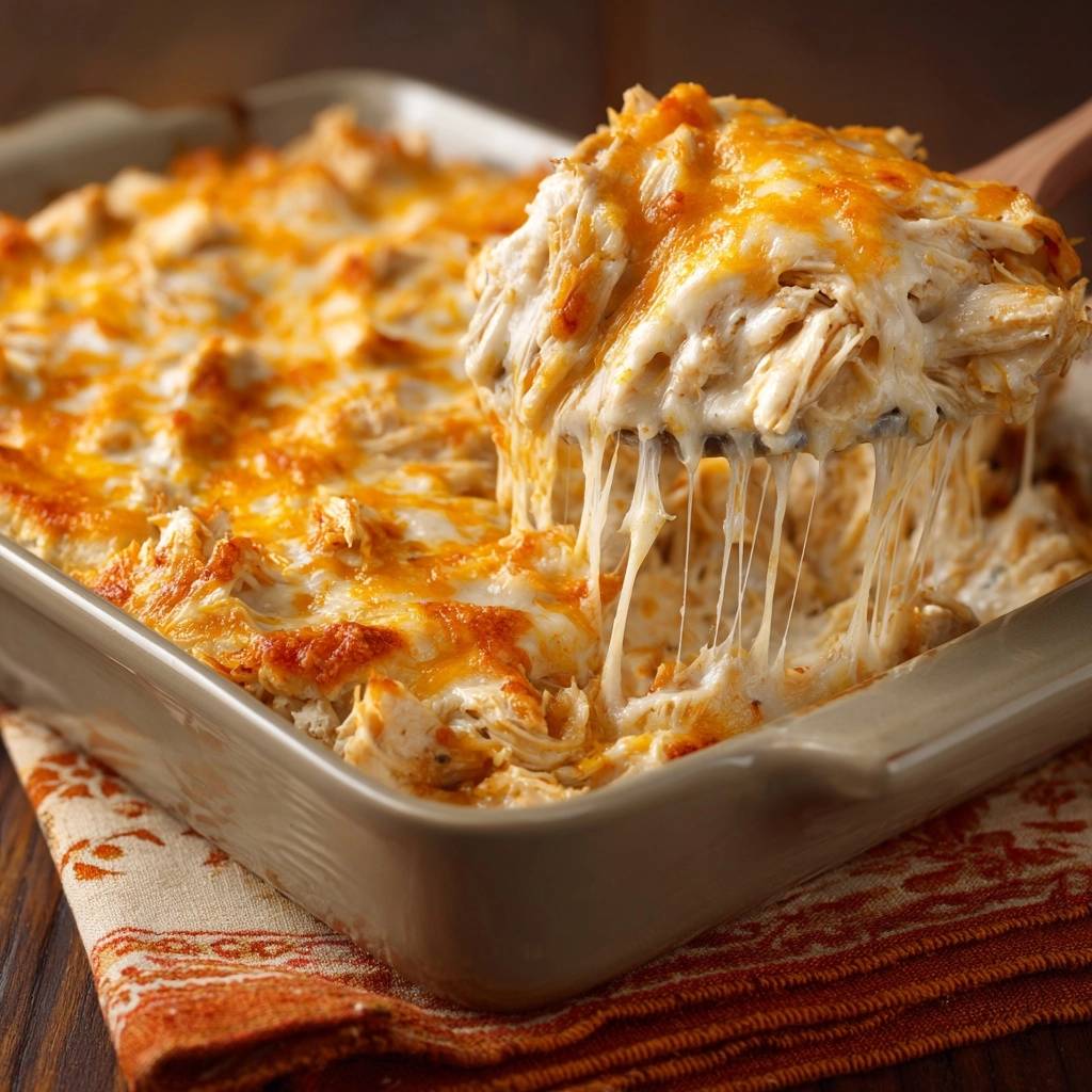 Cheesy chicken casserole with a gooey cheese pull being served from a baking dish.