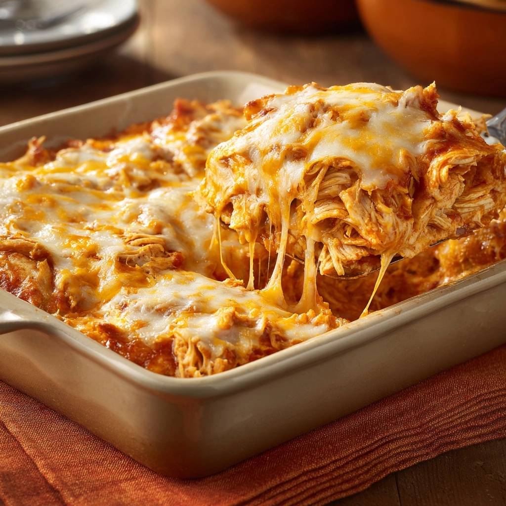 Cheesy chicken lasagna with juicy poached layers, showing a serving with melted cheese pulling away.