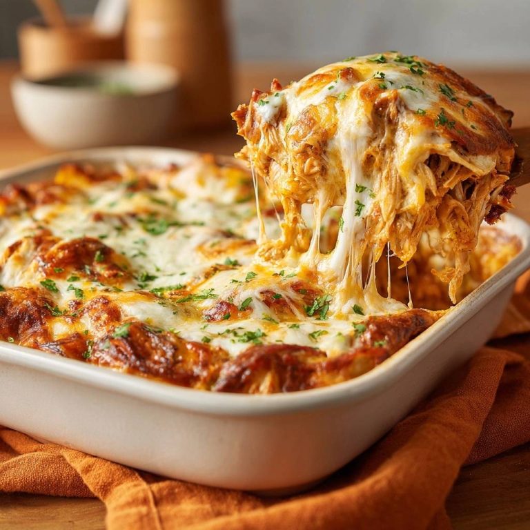 Cheesy chicken lasagna with juicy poached layers, showing a generous slice being pulled with melted cheese strands.