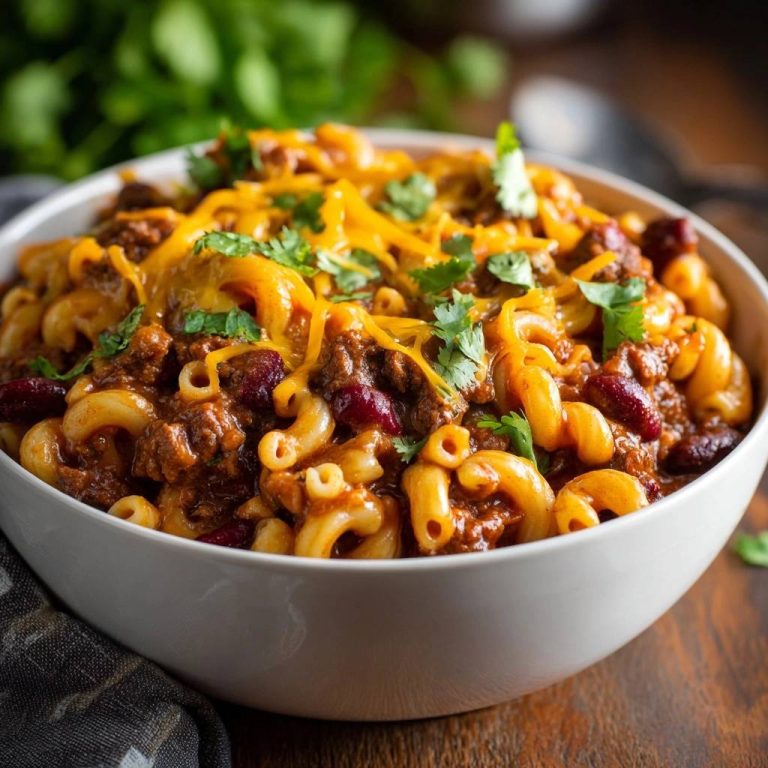 Cheesy chili mac with a close-up view of the melted cheddar cheese and fresh cilantro topping.