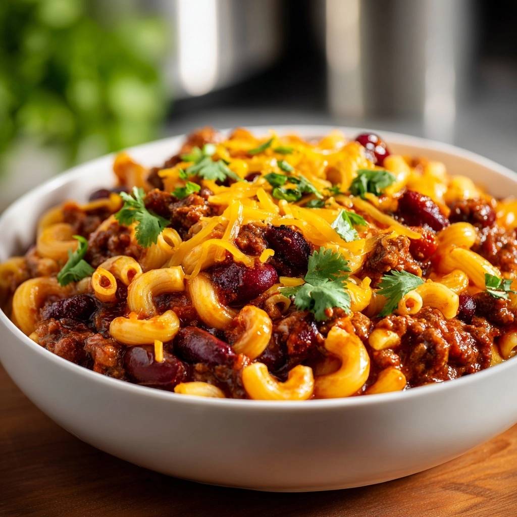 Cheesy chili mac with a close-up view of the melted cheddar cheese and cilantro topping in a white bowl.