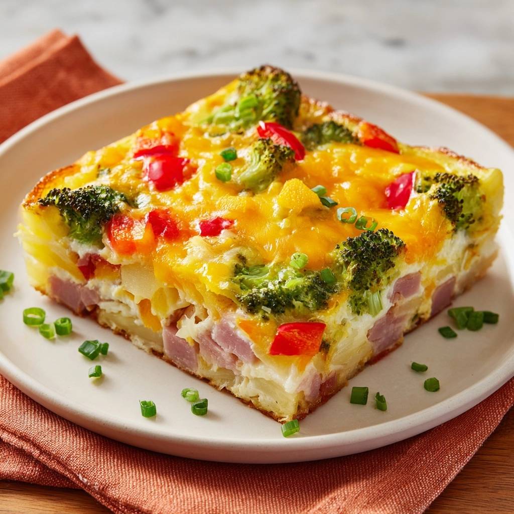 Cheesy ham broccoli potato breakfast bake shown in a close-up cross-section revealing layers of potatoes, ham, broccoli, and melted cheese.