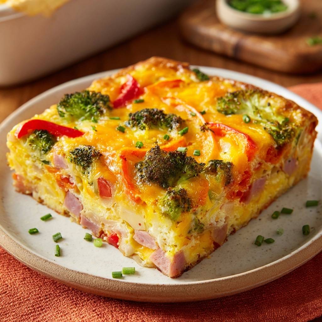 Cheesy Ham Broccoli Potato Breakfast Bake, a plated slice showing the layered interior with broccoli, ham, and potatoes.