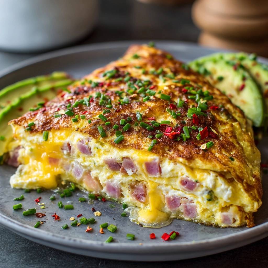 Cheesy ham omelette cross-section revealing layers of ham and melted cheese, garnished with chives.