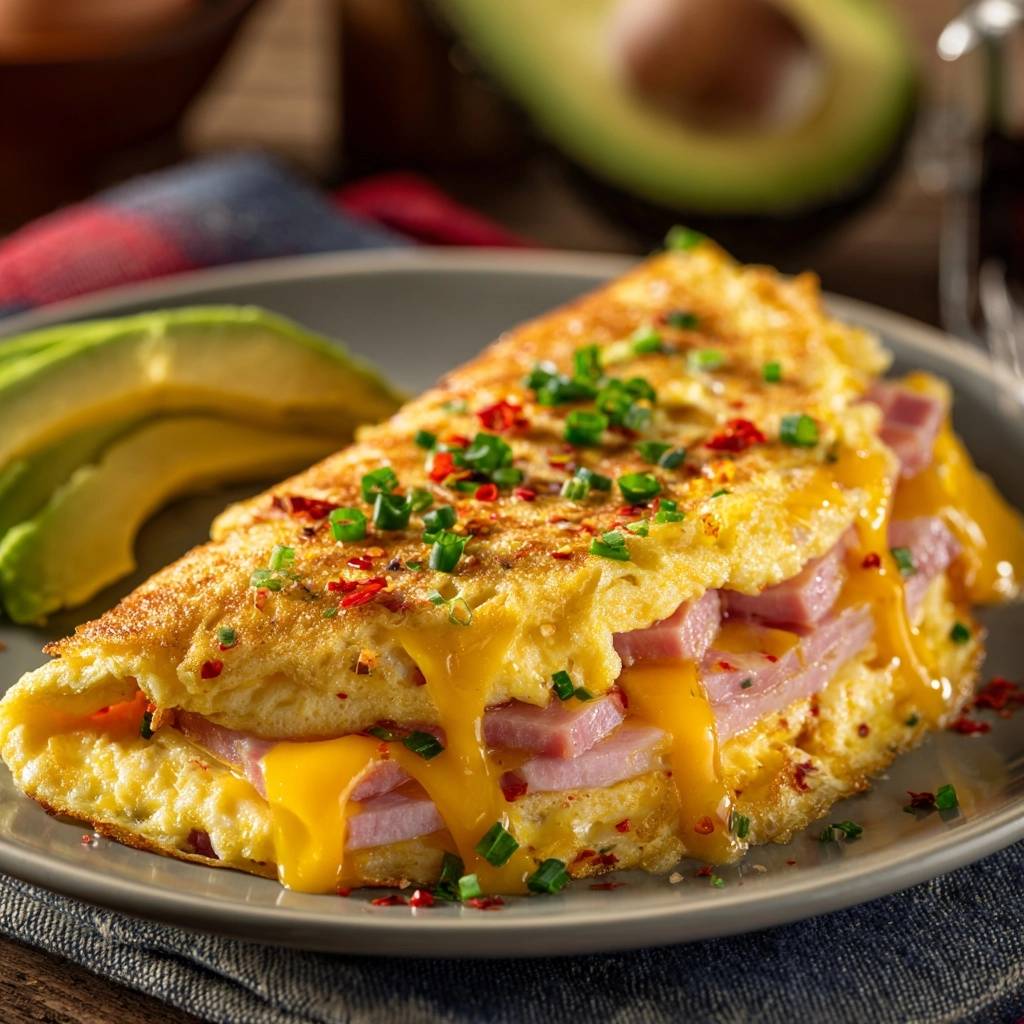 Cheesy ham omelette shown folded with a close-up view of melted cheese and garnishes.