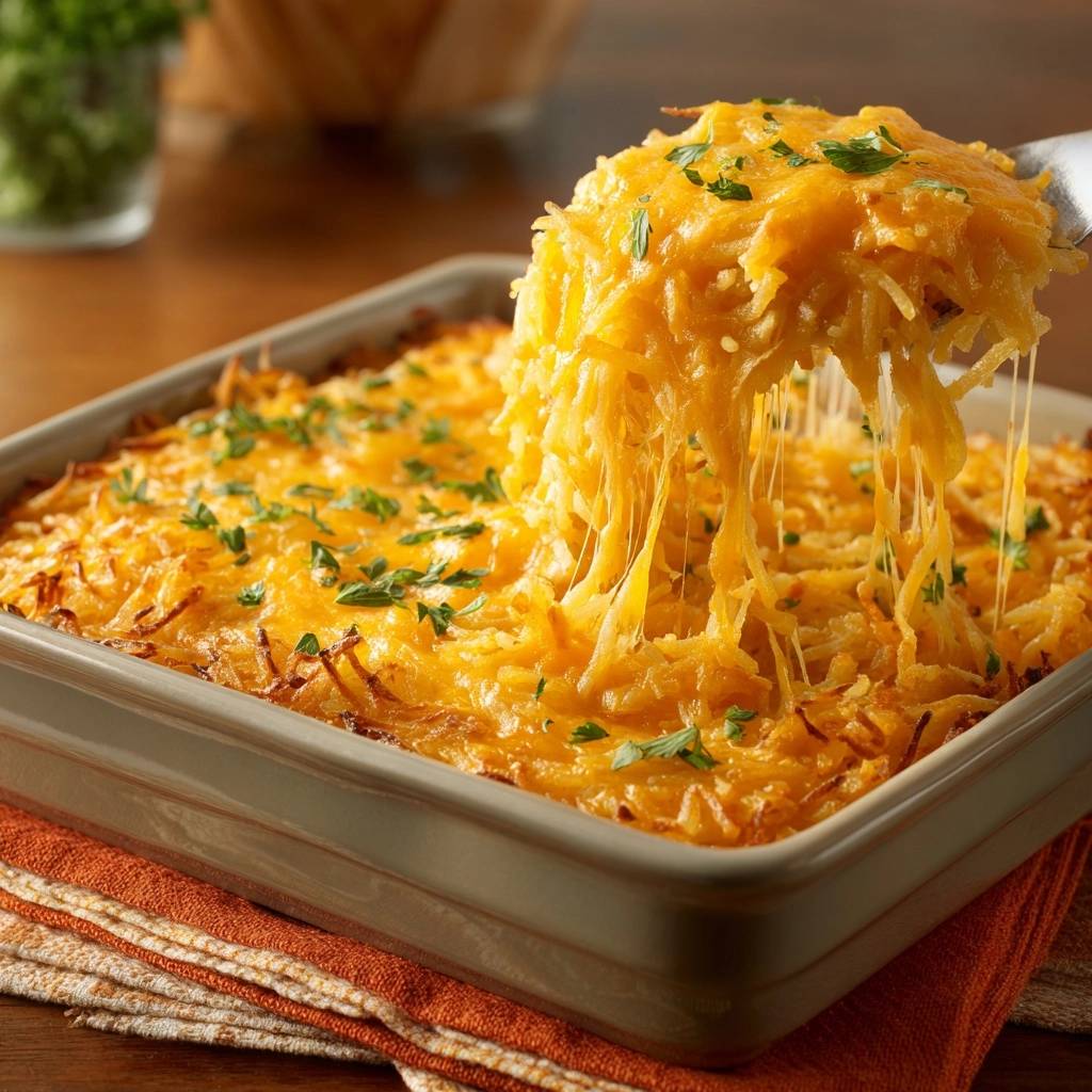 Cheesy hash brown casserole with a serving being lifted, showing gooey melted cheese strands.