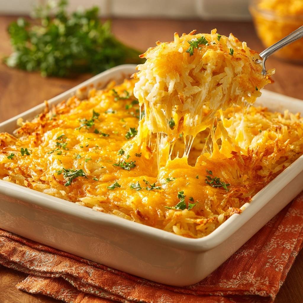 Cheesy hash brown casserole with a gooey cheese pull being lifted by a spoon, garnished with parsley.