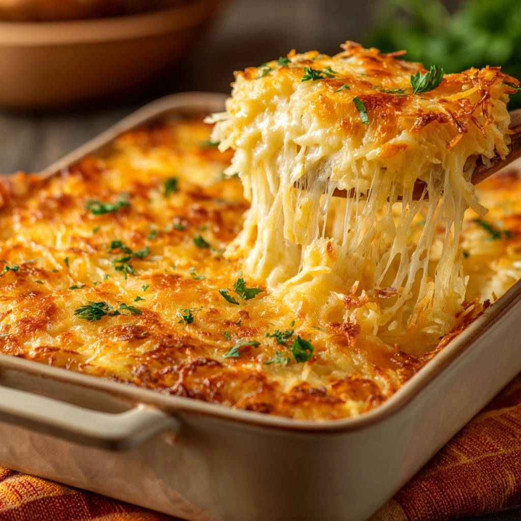 Cheesy hash brown casserole with a gooey cheese pull being lifted from the dish.