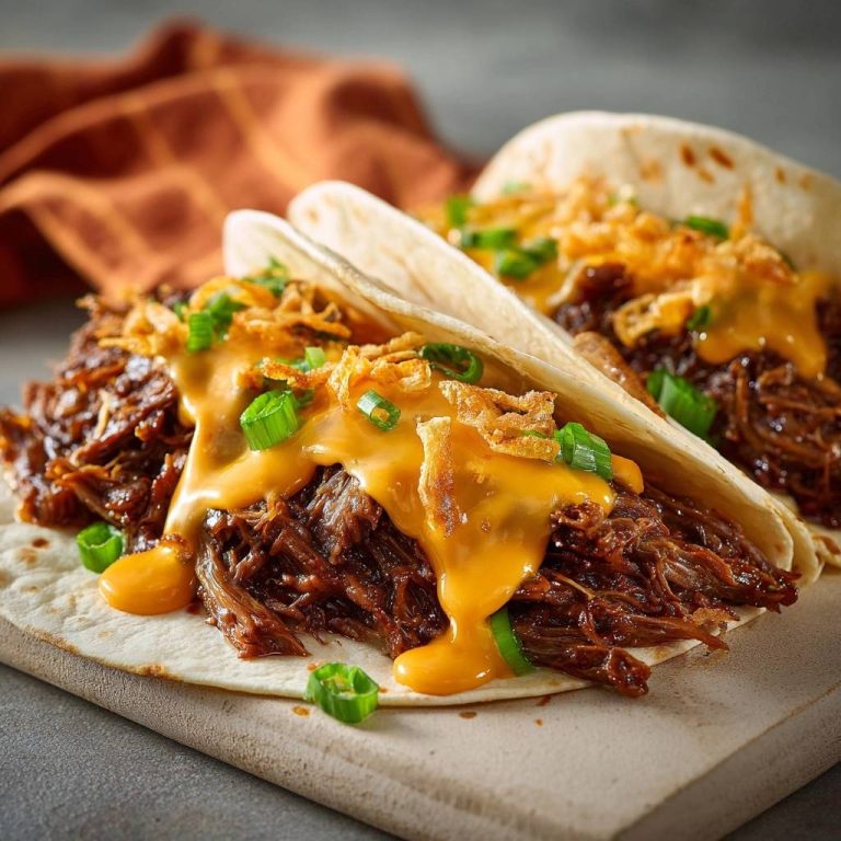 Cheesy pulled beef tacos with a generous drizzle of melted cheese and a sprinkle of fresh green onions.