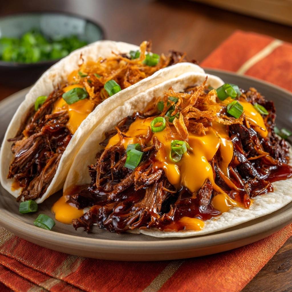 Cheesy pulled beef tacos plated close-up, showcasing shredded beef and melted cheese on tortillas with green onions.