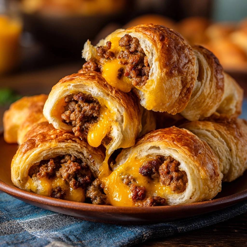 Cheesy sausage crescent rolls shown in a close-up cross-section with melted cheese oozing out.